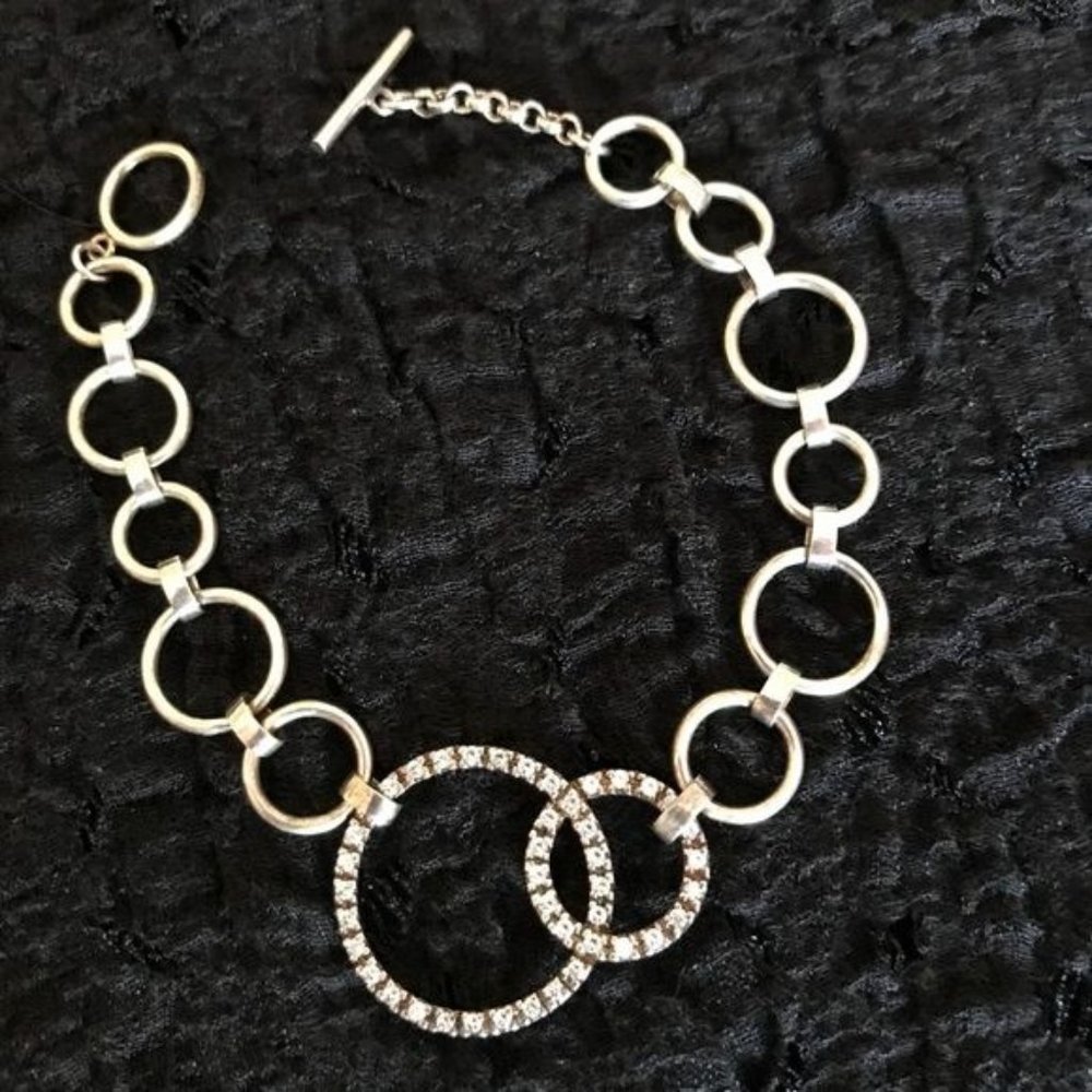Sterling Silver Circle Toggle Bracelet White CZ Round Sparkle Party